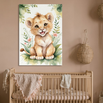 Quadro Per Cameretta Bambino Cucciolo Di Leone Sorridente Con Piante  banb6 quadro stampato su tela