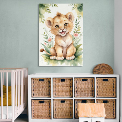 Quadro Per Cameretta Bambino Cucciolo Di Leone Sorridente Con Piante  banb6 quadro stampato su tela