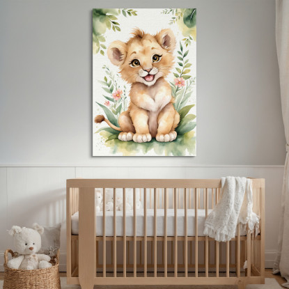 Quadro Per Cameretta Bambino Cucciolo Di Leone Sorridente Con Piante  banb6 quadro stampato su tela