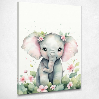 Quadro Per Cameretta Bimbo Cucciolo Di Elefante Con Fiori  banb7 quadro stampato su tela