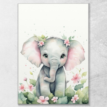 Quadro Per Cameretta Bimbo Cucciolo Di Elefante Con Fiori  banb7 quadro stampato su tela