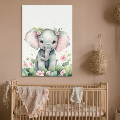 Quadro Per Cameretta Bimbo Cucciolo Di Elefante Con Fiori  banb7 quadro stampato su tela