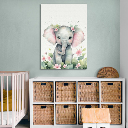 Quadro Per Cameretta Bimbo Cucciolo Di Elefante Con Fiori  banb7 quadro stampato su tela