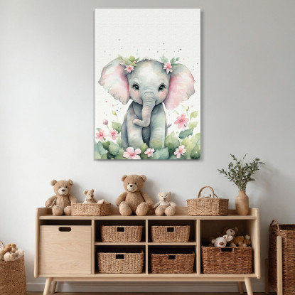 Quadro Per Cameretta Bimbo Cucciolo Di Elefante Con Fiori  banb7 quadro stampato su tela