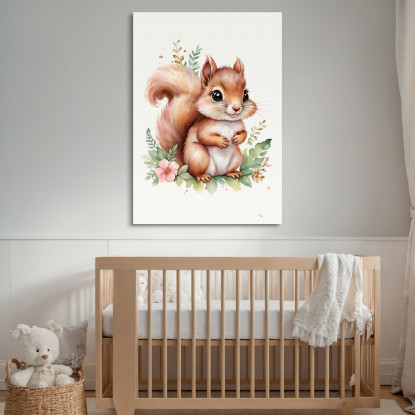 Quadro Per Cameretta Neonato Cucciolo Di Scoiattolo Con Decorazione Floreale  banb11 quadro stampato su tela