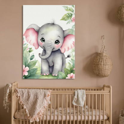 Quadro Per Nursery Decorazione Per Bambino Elefantino Con Orecchie Rosa E Fiori  banb12 quadro stampato su tela