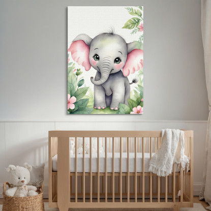 Quadro Per Nursery Decorazione Per Bambino Elefantino Con Orecchie Rosa E Fiori  banb12 quadro stampato su tela