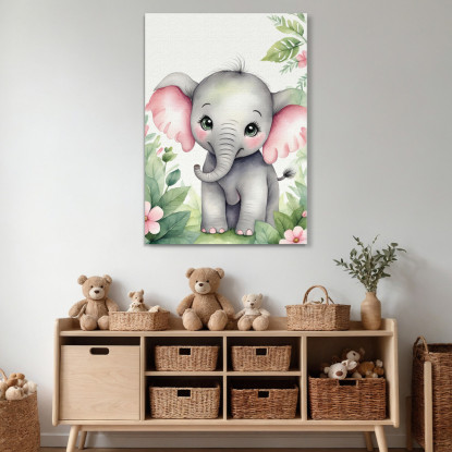 Quadro Per Nursery Decorazione Per Bambino Elefantino Con Orecchie Rosa E Fiori  banb12 quadro stampato su tela