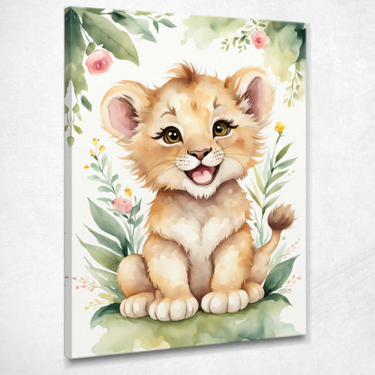 Quadro Decorativo Per Cameretta Bimbo Leone Sorridente Con Fiori E Foglie  banb14 quadro stampato su tela