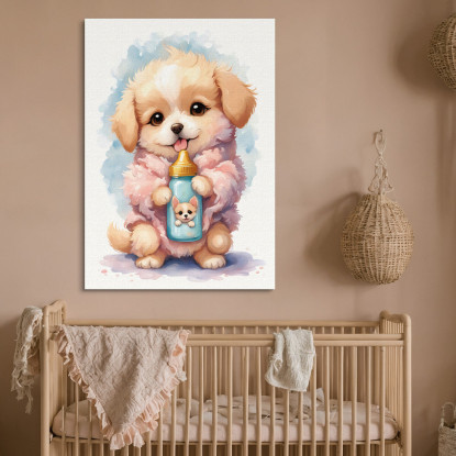 Quadro Decorativo Per Cameretta Bimba Cane Bambino Cucciolo Con Biberon  banb15 quadro stampato su tela