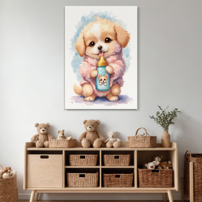 Quadro Decorativo Per Cameretta Bimba Cane Bambino Cucciolo Con Biberon  banb15 quadro stampato su tela