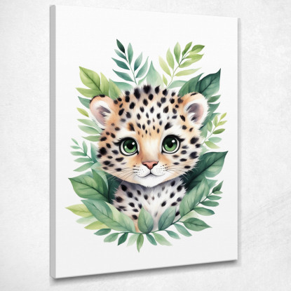 Decorazione Per Nursery Quadro Per Bimba Cucciolo Di Leopardo Tra Foglie Verdi  banb18 quadro stampato su tela