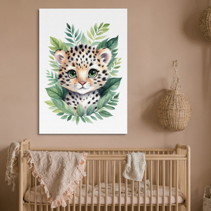 Decorazione Per Nursery Quadro Per Bimba Cucciolo Di Leopardo Tra Foglie Verdi  banb18 quadro stampato su tela