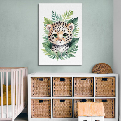 Decorazione Per Nursery Quadro Per Bimba Cucciolo Di Leopardo Tra Foglie Verdi  banb18 quadro stampato su tela