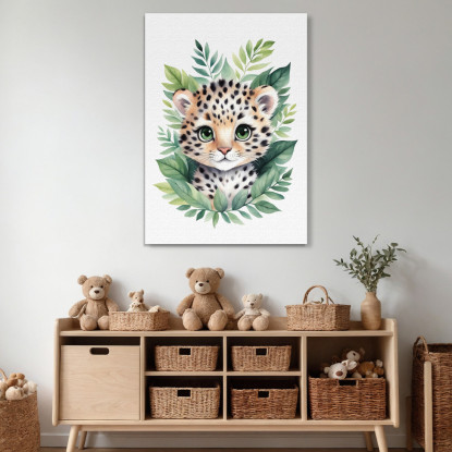 Decorazione Per Nursery Quadro Per Bimba Cucciolo Di Leopardo Tra Foglie Verdi  banb18 quadro stampato su tela