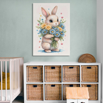 Quadro Per Nursery Decorazione Per Cameretta Coniglietto Con Margherite E Fiori Colorati  banb20 quadro stampato su tela