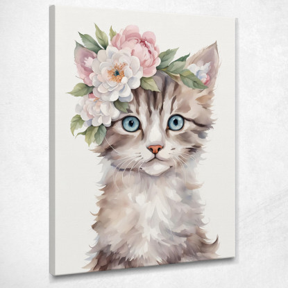 Quadro Per Bimbo Decorazione Nursery Gatto Cucciolo Con Fiori Primaverili  banb21 quadro stampato su tela