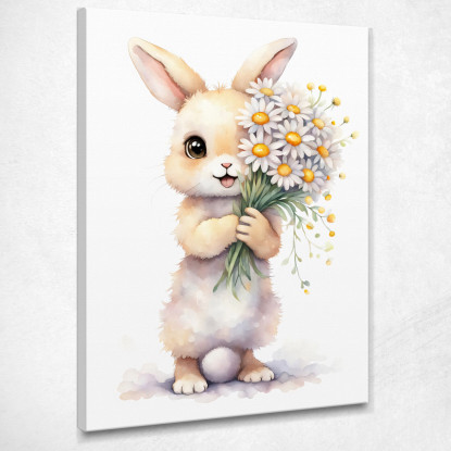 Quadro Per Bimba Decorazione Nursery Cucciolo Di Coniglio Con Fiori Bianchi E Gialli  banb22 quadro stampato su tela