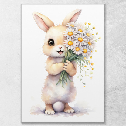 Quadro Per Bimba Decorazione Nursery Cucciolo Di Coniglio Con Fiori Bianchi E Gialli  banb22 quadro stampato su tela