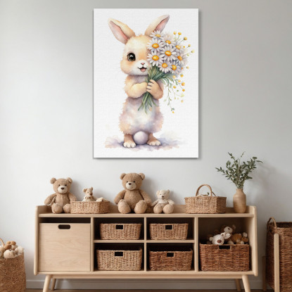 Quadro Per Bimba Decorazione Nursery Cucciolo Di Coniglio Con Fiori Bianchi E Gialli  banb22 quadro stampato su tela