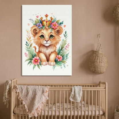 Quadro Per Nursery Decorazione Bimba Leone Cucciolo Con Coroncina Colorata  banb26 quadro stampato su tela