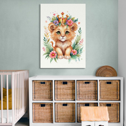 Quadro Per Nursery Decorazione Bimba Leone Cucciolo Con Coroncina Colorata  banb26 quadro stampato su tela