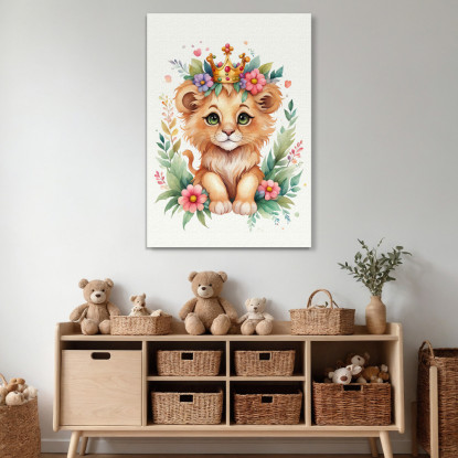 Quadro Per Nursery Decorazione Bimba Leone Cucciolo Con Coroncina Colorata  banb26 quadro stampato su tela