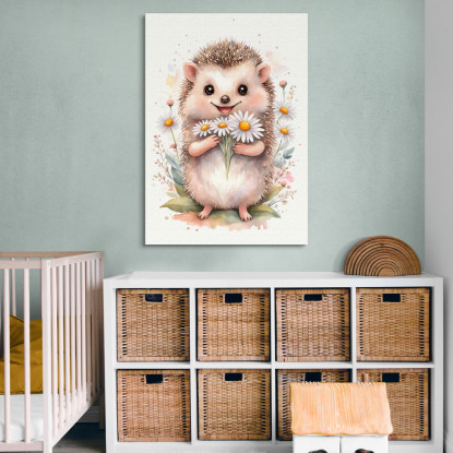 Quadro Per Nursery Decorazione Cameretta Riccio Con Mazzo Di Margherite E Foglie  banb29 quadro stampato su tela