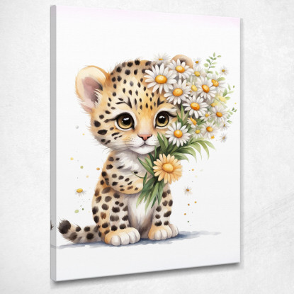 Decorazione Nursery Quadro Per Bimbo E Bimba Cucciolo Di Leopardo Con Margherite  banb30 quadro stampato su tela