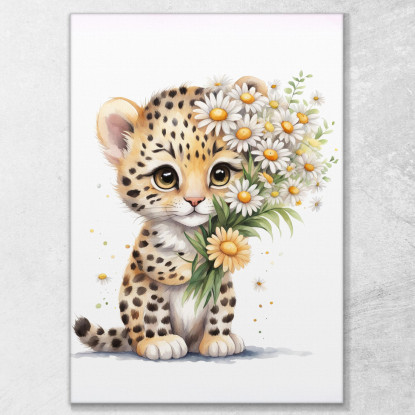 Decorazione Nursery Quadro Per Bimbo E Bimba Cucciolo Di Leopardo Con Margherite  banb30 quadro stampato su tela