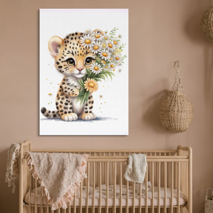 Decorazione Nursery Quadro Per Bimbo E Bimba Cucciolo Di Leopardo Con Margherite  banb30 quadro stampato su tela