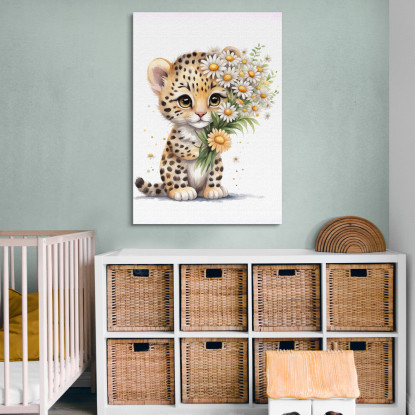 Decorazione Nursery Quadro Per Bimbo E Bimba Cucciolo Di Leopardo Con Margherite  banb30 quadro stampato su tela