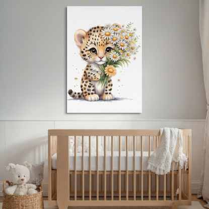 Decorazione Nursery Quadro Per Bimbo E Bimba Cucciolo Di Leopardo Con Margherite  banb30 quadro stampato su tela