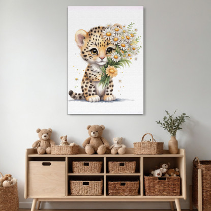 Decorazione Nursery Quadro Per Bimbo E Bimba Cucciolo Di Leopardo Con Margherite  banb30 quadro stampato su tela