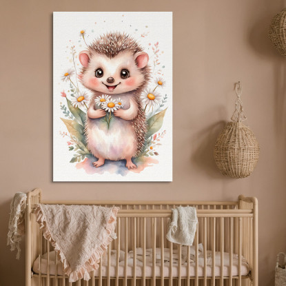 Quadro Per Cameretta Bimbo Bimba Cucciolo Di Riccio Con Margherite Colorate  banb31 quadro stampato su tela