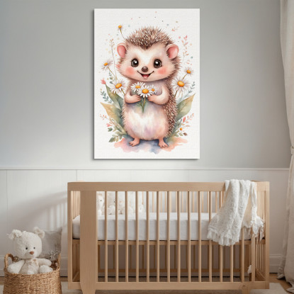 Quadro Per Cameretta Bimbo Bimba Cucciolo Di Riccio Con Margherite Colorate  banb31 quadro stampato su tela