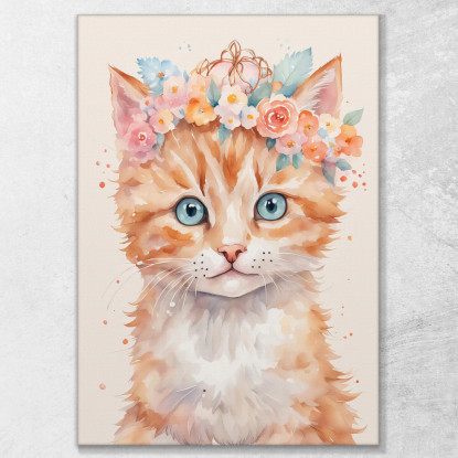 Quadro Per Cameretta Bimba Gattino Carino Con Bouquet Di Fiori  banb36 quadro stampato su tela