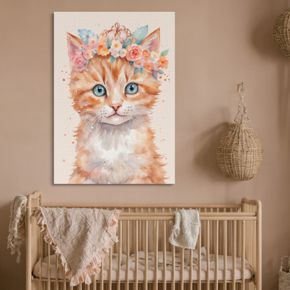 Quadro Per Cameretta Bimba Gattino Carino Con Bouquet Di Fiori  banb36 quadro stampato su tela