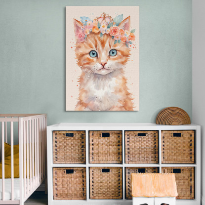 Quadro Per Cameretta Bimba Gattino Carino Con Bouquet Di Fiori  banb36 quadro stampato su tela