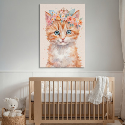 Quadro Per Cameretta Bimba Gattino Carino Con Bouquet Di Fiori  banb36 quadro stampato su tela