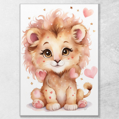 Decorazione Per Cameretta Quadro Per Bimbo Leone Cucciolo Con Cuori Rosa  banb37 quadro stampato su tela