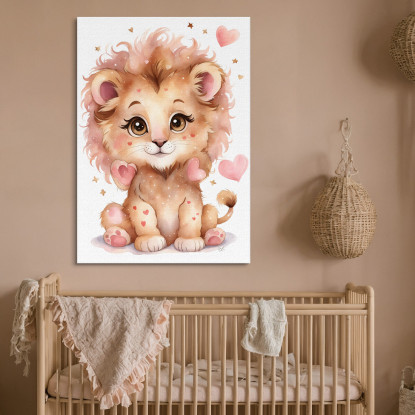 Decorazione Per Cameretta Quadro Per Bimbo Leone Cucciolo Con Cuori Rosa  banb37 quadro stampato su tela