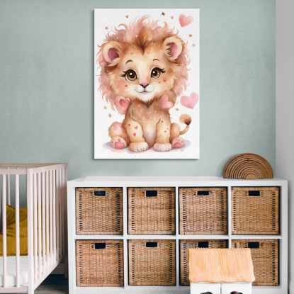 Decorazione Per Cameretta Quadro Per Bimbo Leone Cucciolo Con Cuori Rosa  banb37 quadro stampato su tela