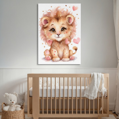 Decorazione Per Cameretta Quadro Per Bimbo Leone Cucciolo Con Cuori Rosa  banb37 quadro stampato su tela