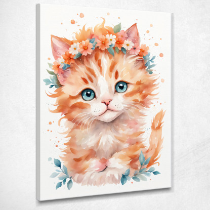 Quadro Per Cameretta Del Neonato Gattino Con Coroncina Di Fiori Arancioni  banb38 quadro stampato su tela