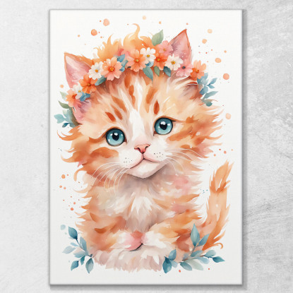 Quadro Per Cameretta Del Neonato Gattino Con Coroncina Di Fiori Arancioni  banb38 quadro stampato su tela