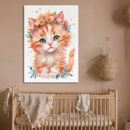 Quadro Per Cameretta Del Neonato Gattino Con Coroncina Di Fiori Arancioni  banb38 quadro stampato su tela