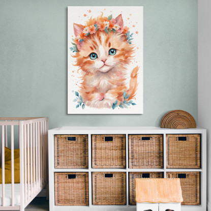 Quadro Per Cameretta Del Neonato Gattino Con Coroncina Di Fiori Arancioni  banb38 quadro stampato su tela