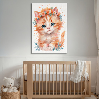 Quadro Per Cameretta Del Neonato Gattino Con Coroncina Di Fiori Arancioni  banb38 quadro stampato su tela