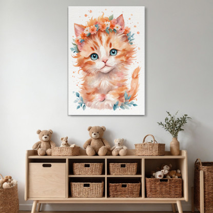 Quadro Per Cameretta Del Neonato Gattino Con Coroncina Di Fiori Arancioni  banb38 quadro stampato su tela